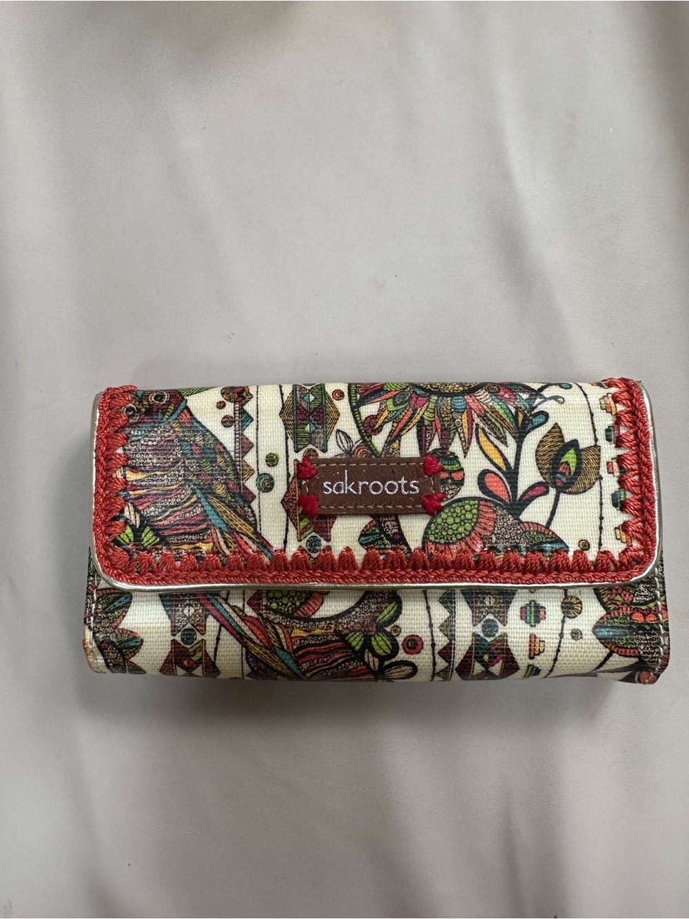 Sakroots Multicolor Floral & Bird Printed Wallet with Coral Trim